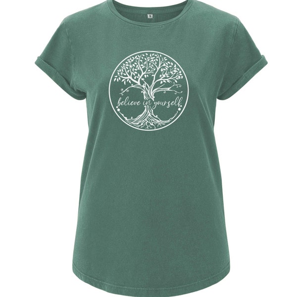 Bio Damen T-Shirt rolled arms BELIEVE | versch. Farben | handveredelt | nachhaltig, fair wear-zertifiziert und klimafreundlich