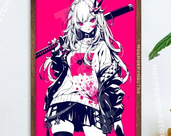 Op de afbeelding: Een digitale kunstprint met een vrouwelijk anime-personage met lang wit haar, dat een zwart leren jack en een wit shirt met een rood hartontwerp draagt. Ze houdt een katana-zwaard vast en heeft een roze achtergrond met bloedspatten.