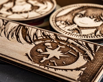 Set of 3 Coasters - Popular Anime Cute Beautiful Kawaii Idol Girl - High Quality Engraved Wood cup stand, wooden decoration kitchen