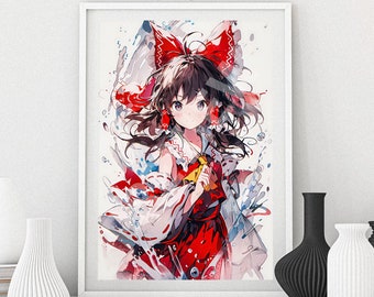 Touhou Poster Hakurei Reimu Acquerello Anime Girl Colorato Waifu Otaku Regalo, Arte su tela, Remilia, Cirno, fanArt, Puzzle, Metallo, Magnete, T-shirt