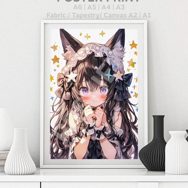 Anime Neko Cat Girl Maid Cute Poster Watercolor, Waifu, Kawaii Otaku Gift, Tee, Mouse Pad, Canvas, Art, Puzzle, Metal, Magnet, T-shirt
