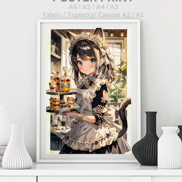 Anime Neko Cat Girl Maid Cute Poster Watercolor, Waifu, Kawaii Otaku Gift, Tee, Mouse Pad, Canvas, Art, Puzzle, Metal, Magnet, T-shirt