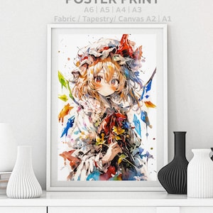 Touhou Poster Flandre Scarlet Watercolor Anime Girl Colorful Waifu, Otaku Gift, Canvas, Art, Remilia Marisa, Puzzle, Metal, Magnet, T-shirt