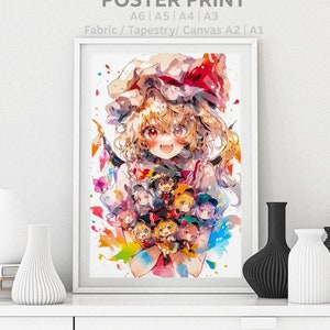 Touhou Poster Flandre Scarlet Watercolor Anime Girl Colorful Waifu, Otaku Gift, Canvas, Art, Remilia Marisa Puzzle, Metal, Magnet, T-shirt