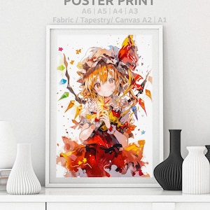 Touhou Poster Flandre Scarlet Watercolor Anime Girl Colorful Waifu, Otaku Gift, Canvas, Remilia Marisa, Puzzle, Metal, Magnet, T-shirt,