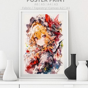 Touhou Poster Flandre Scarlet Watercolor Anime Girl Colorful Waifu, Otaku Gift, Canvas, Art, Remilia Marisa, Puzzle, Metal, Magnet, T-shirt
