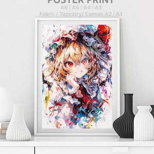 Touhou Poster Flandre Scarlet Watercolor Anime Girl Colorful Waifu, Otaku Gift, Canvas, Art, Remilia Marisa, Puzzle, Metal, Magnet, T-shirt
