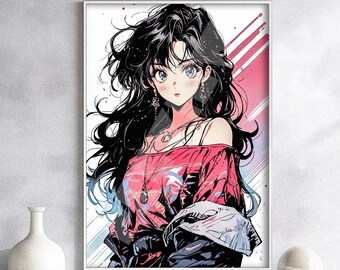 Poster Ragazza anime carina anni '90, arazzo su tela - Regalo Otaku retrò anni '80 e '00, arte vintage attraente Waifu Gal, anni '90, camicia, tela, stampa su metallo