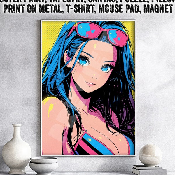 Beautiful Anime Girl Retro Poster Summer Otaku Weeb Gift Waifu Sensual Manga Style Wall Art Decor Man cave for Otaku Metal Print Pillow