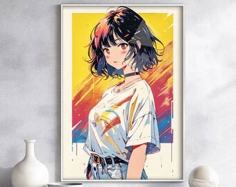 Poster Ragazza anime carina anni '90, arazzo su tela - Regalo Otaku retrò anni '80 e '00, arte vintage attraente Waifu Gal, anni '90, camicia, tela, stampa su metallo
