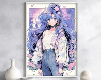 Poster Ragazza anime carina anni '90, arazzo su tela - Regalo Otaku retrò anni '80 e '00, arte vintage attraente Waifu Gal, anni '90, camicia, tela, stampa su metallo