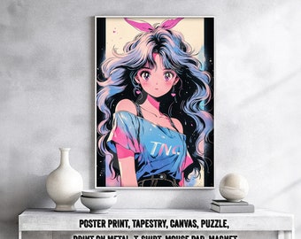 Anime Poster Bunny Anime Girl Kawaii Cute  – Retro Otaku Gift, vintage Attractive Waifu Gal Art, 90s, Tapestry, shirt, canvas, Metal Print