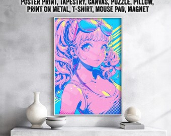 Anime Girl Sunglasses Poster - Retro Pop Art, Manga Wall Decor, Otaku Culture, Kawaii Room Accessory, Colorful Anime Artwork Metal Print