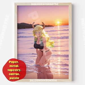 Puede incluir: Impresión enmarcada que representa a un personaje de estilo anime arrodillado en una playa al atardecer. El personaje tiene cabello rubio, cuernos y lleva un bikini negro. El texto "Paper, metal, tapestry, canvas, puzzle" es visible.
