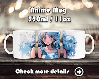 Ceramic Retro Anime Girl Mug, Glossy Coffee Cup, Otaku Merch, Kawaii Cute Waifu, Eyes, Japanese Style art, Manga, Tea, Trendy, 90s, 80s moe