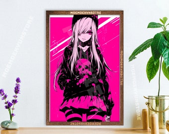 Anime Wall Art, Anime Girl Painting Gift, edgy emo manga style tapestry, stylish waifu poster, metal print canvas, anime trend, cyberpunk
