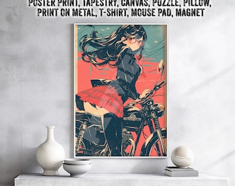 Retro Anime Girl on Motorcycle Poster Wall Art, Vintage Manga Style Poster, Otaku Bedroom Decor, Aesthetic Japanese Animation Print