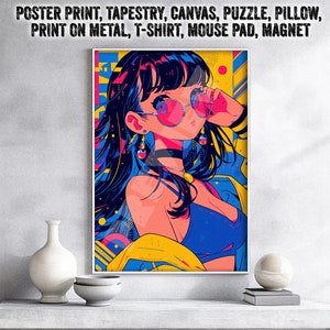 Fashionable Anime Girl with Sunglasses Poster, Vibrant Retro Pop Art, Manga Enthusiast Wall Decor, Bold Colorful Illustration, Otaku Gift
