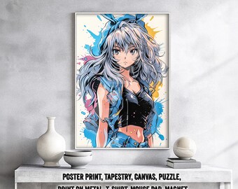 Poster Ragazza anime carina anni '90, arazzo su tela - Regalo Otaku retrò anni '80 e '00, arte vintage attraente Waifu Gal, anni '90, camicia, tela, stampa su metallo