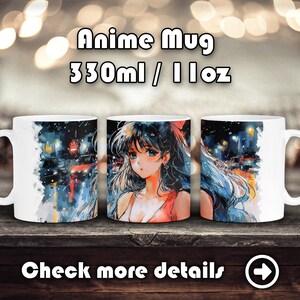 May include: Three white ceramic mugs with a colorful anime illustration. The mugs are 11 oz (330 ml) and feature a woman with long blue hair and a red shirt. The text "Anime Mug 330ml / 11oz" is printed on the top of the image.