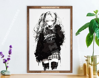 Op de afbeelding: Zwart-witte illustratie van een jonge vrouw met lang haar in vlechtjes, die een zwarte trui met witte accenten, een geruite rok en kousen draagt. De achtergrond is wit met een grunge-effect.