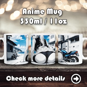 Ceramic Cute Anime Biker Girl Mug, Glossy Coffee Cup, Otaku Gift Merch, Kawaii Cute Waifu, 11oz 330ml, Eyes, Japanese Style art, Manga panel