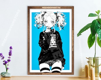 Op de afbeelding: Een zwart-witte illustratie van een meisje met krullend haar dat een zwart-wit gestreepte trui, een zwarte broek en kousen draagt. De achtergrond is helderblauw.
