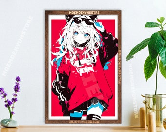 Op de afbeelding: Een ingelijste rechthoekige wandkunstprint met een gestileerd anime-personage met lang wit haar, blauwe ogen en kattenoren. Het personage draagt een rode hoodie met een witte kattenafbeelding, een zwarte zonnebril en een zwarte choker op een rode achtergrond.