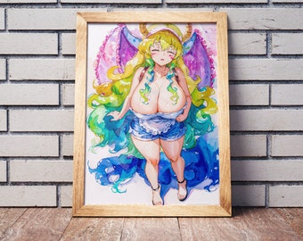 Popular Anime Maid Poster Dragon, Watercolor Tee, Otaku Gift, Anime Tapestry, Fabric, Mouse Pad, Cute Kawaii, Puzzle, Metal, Magnet, T-shirt