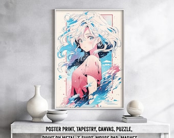 Poster Ragazza anime carina anni '90, arazzo su tela - Regalo Otaku retrò anni '80 e '00, arte vintage attraente Waifu Gal, anni '90, camicia, tela, stampa su metallo