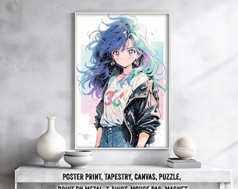 Anime Poster Attractive Anime Girl Jeans – Classic Retro Otaku Gift, Manga, Cute Waifu Art, 90s, Tapestry, shirt, canvas, Metal Print