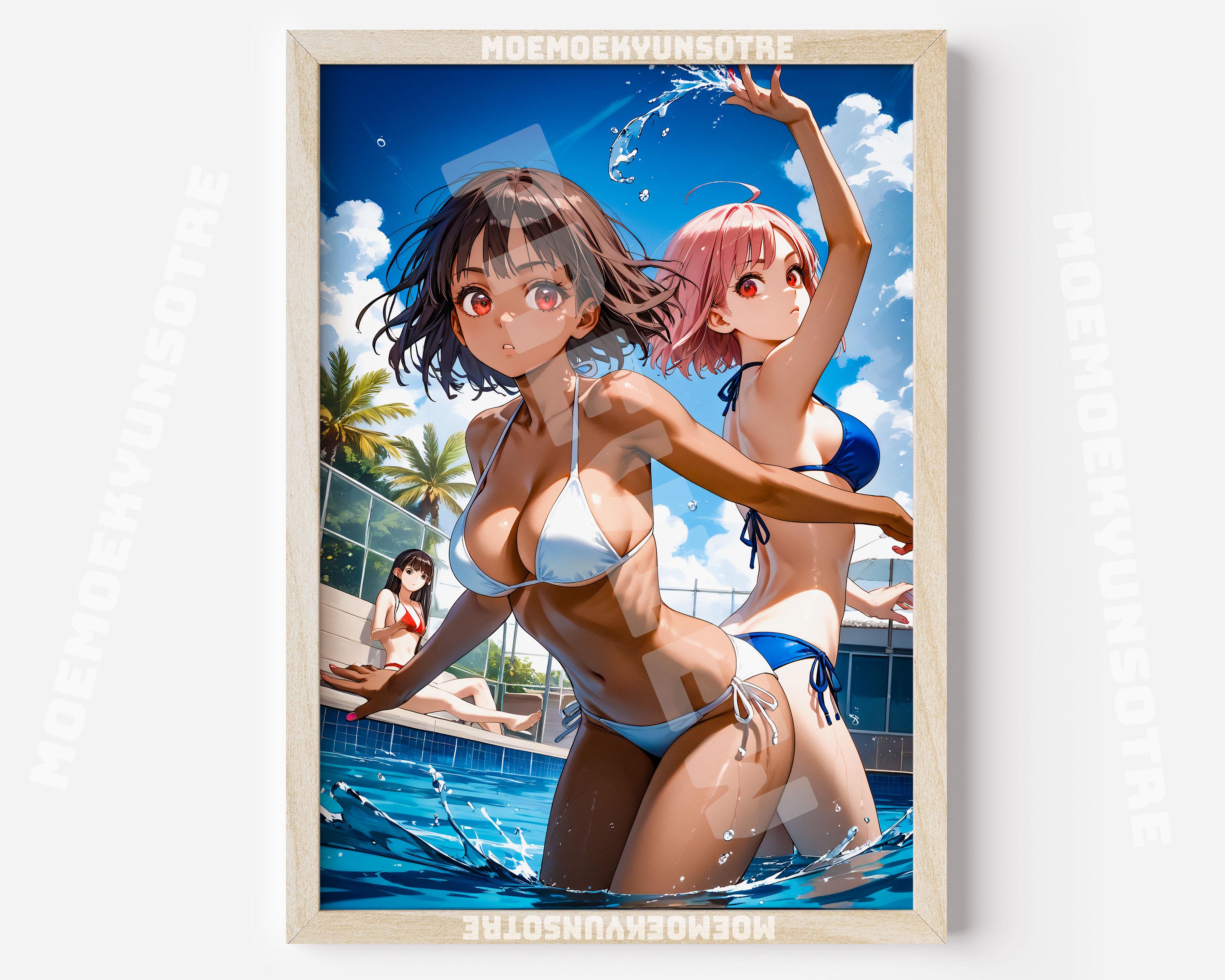 Tanned Anime Girl Poster Dark Skinned Waifu Poolside Summer Print