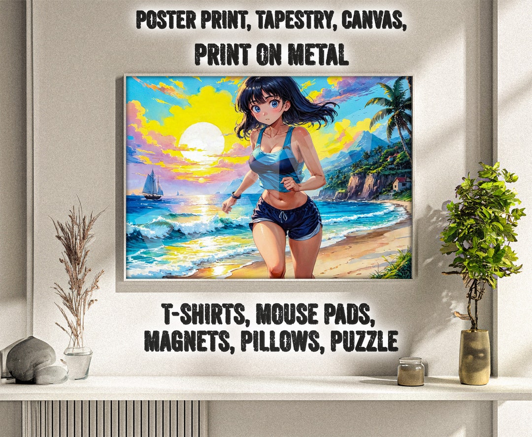 Scenic Beach Run Anime Girl Poster - Twilight Sea View With Blue-haired ...
