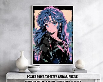 Oldschool Kawaii Anime Girl Poster – Otaku Gift, Retro Style, Bishoujo Waifu Gal Art, 90s 80s City Pop Canvas, Tapestry, vintage Metal Print