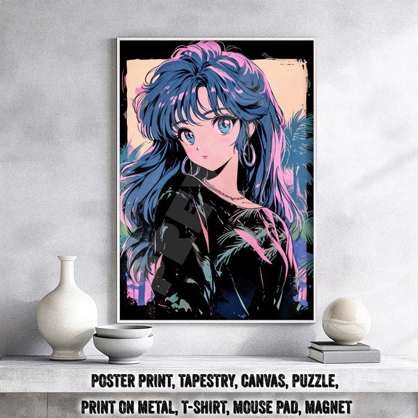 Oldschool Kawaii Anime Girl Poster – Otaku Gift, Retro Style, Bishoujo Waifu Gal Art, 90s 80s City Pop Canvas, Tapestry, vintage Metal Print