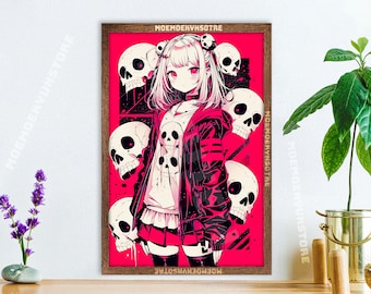 Anime Wall Art, Anime Girl Painting Gift, edgy emo manga style tapestry, stylish waifu poster, metal print canvas, anime trend, cyberpunk