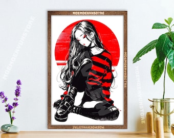 Anime Wall Art, Anime Girl Painting Gift, kawaii manga style tapestry, stylish waifu poster, metal print, paper