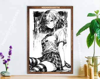 May include: Black and white illustration of a woman with short hair wearing a t-shirt and a plaid skirt. She is sitting with her legs crossed and looking to the side.