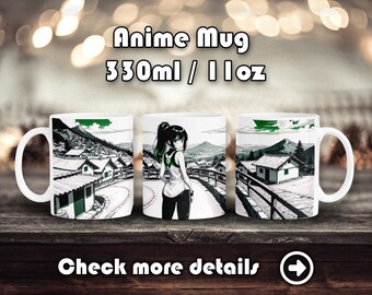 Ceramic Anime Girl Mug, Glossy Coffee Cup, Otaku Gift Merch, Kawaii Cute Waifu, 11oz 330ml, Japanese Style Scenery art, Manga panel lake sea
