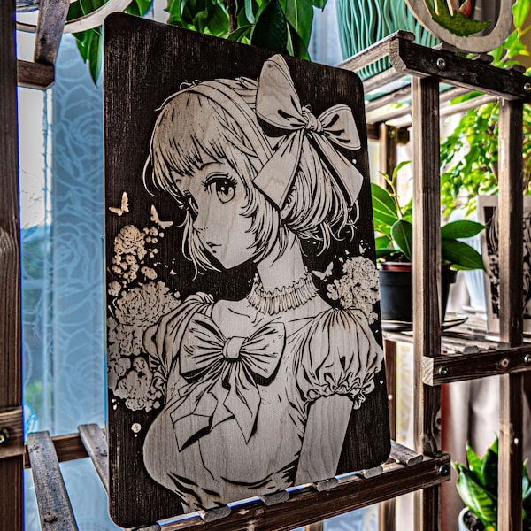 Wooden Anime Girl Portrait - Engraved Art of beautiful Anime Girl A3 Size, Wooden Poster, Wall Decor