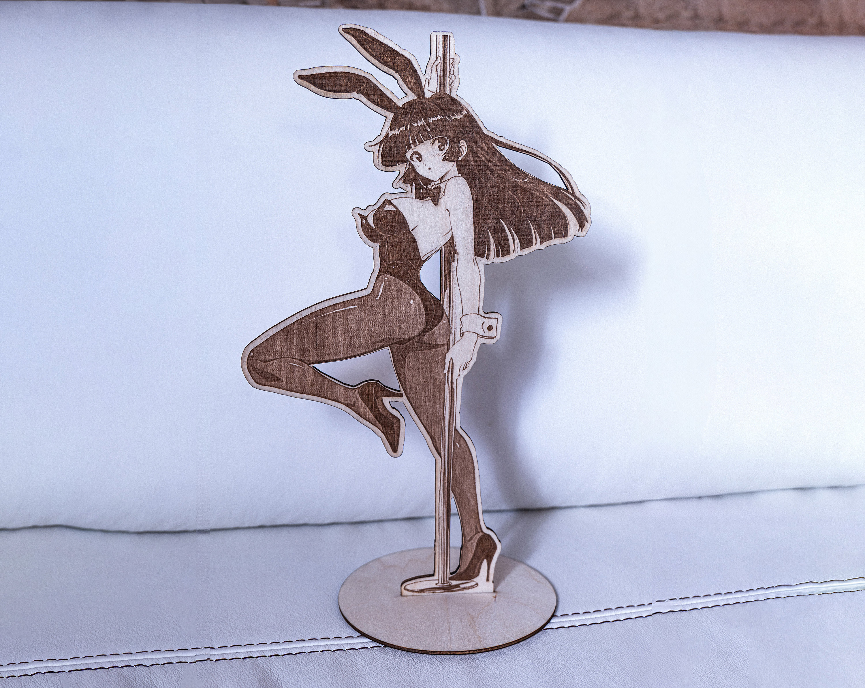 Wooden Anime Girl Figure Stand - Cute Bunny Girl Kawaii, Engraved Wood statue