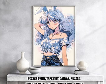 Poster Ragazza anime carina anni '90, arazzo su tela - Regalo Otaku retrò anni '80 e '00, arte vintage attraente Waifu Gal, anni '90, camicia, tela, stampa su metallo