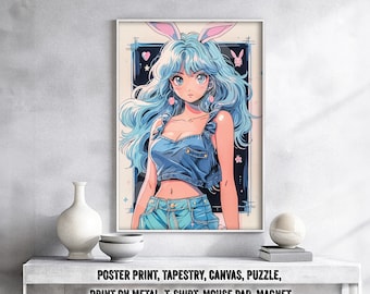 Poster Ragazza anime carina anni '90, arazzo su tela - Regalo Otaku retrò anni '80 e '00, arte vintage attraente Waifu Gal, anni '90, camicia, tela, stampa su metallo