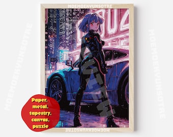 Op de afbeelding: Anime-kunstwerk in een houten frame. De afbeelding toont een vrouw in een zwart pak die naast een blauwe sportwagen staat in een neonverlichte stad. Het kunstwerk is gelabeld met "Papier, metaal, tapijt, canvas, puzzel."