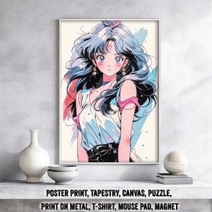Anime Girl Poster, Pink Bow, Elegant Retro Anime Style, Vibrant Art, Kawaii Room Decor, Manga Character Illustration Collectible Anime Print