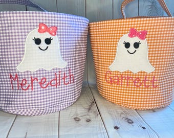 Personalized Ghost Halloween Trick or Treat Bag, Gingham Basket