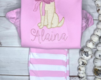 Girls Puppy Shirt and Pant Set: Pink Embroidered Cotton