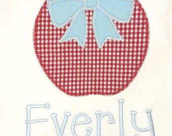 Girls Back to School Shirt: Apple Applique with Bow, Personalized