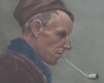 Antique Frederick Massey Original Pastel Painting Portrait Of A Man Smoking Pipe British Art