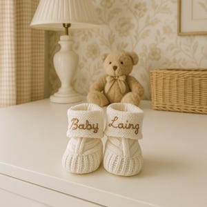 Personalised Hand Embroidered Baby Booties – White or Beige | Custom Thread Colour | 0–12 Months